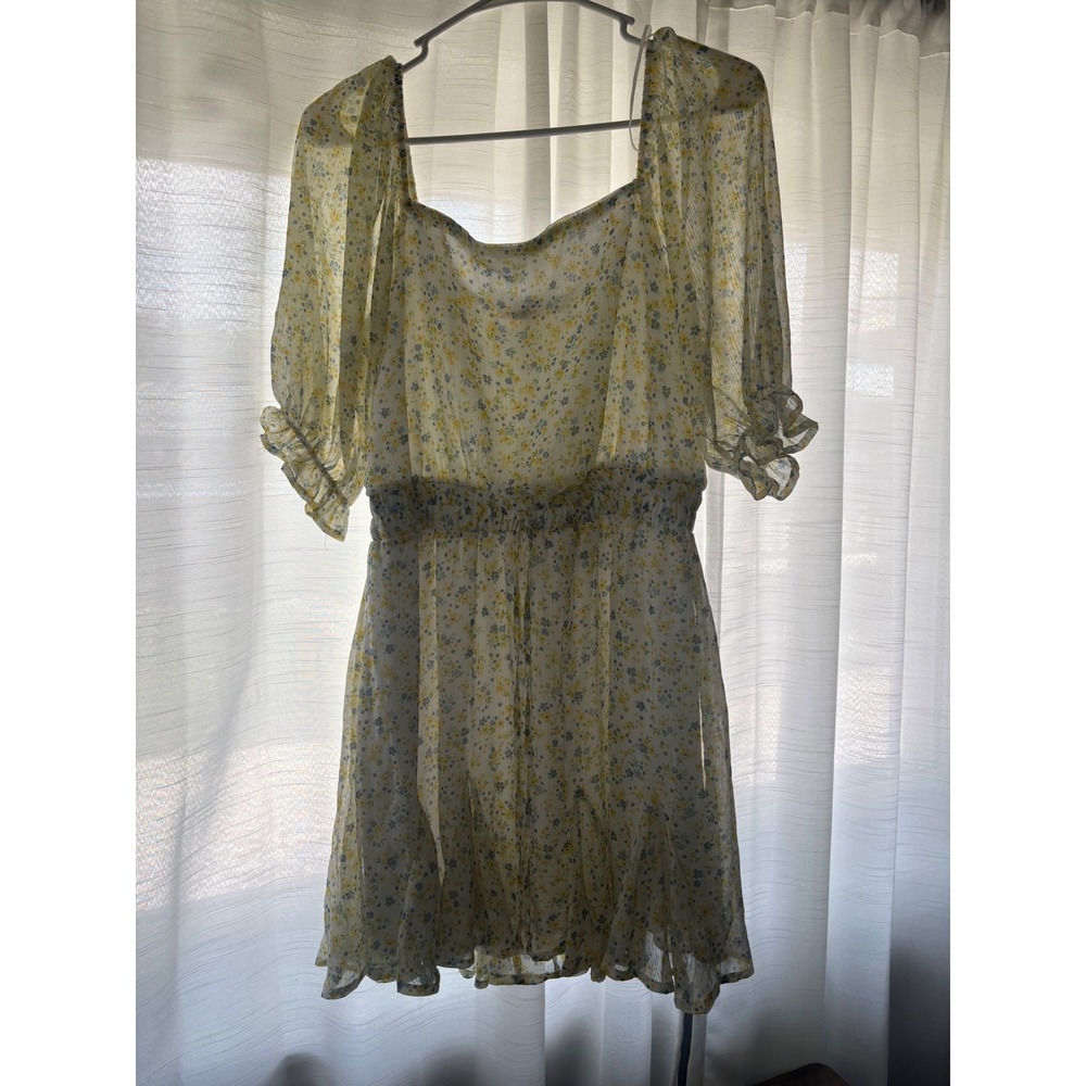 Mi Ami Womens Floral Chiffon Mini Dress Yellow Blue Square Neck Smocked Waist L